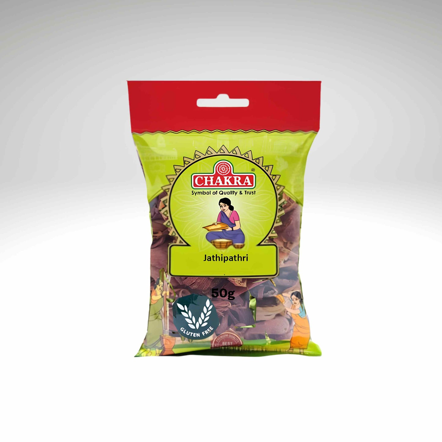 A 50g bag of Chakra Jathipathri, featuring a bright lime green and red packaging design with traditional Indian illustrations on a light gray gradient background.
