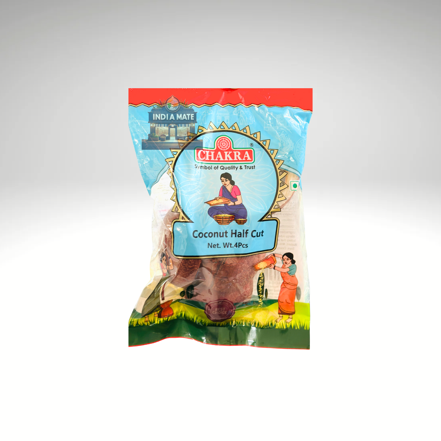 Chakra brand coconut half cut packaging on a white background