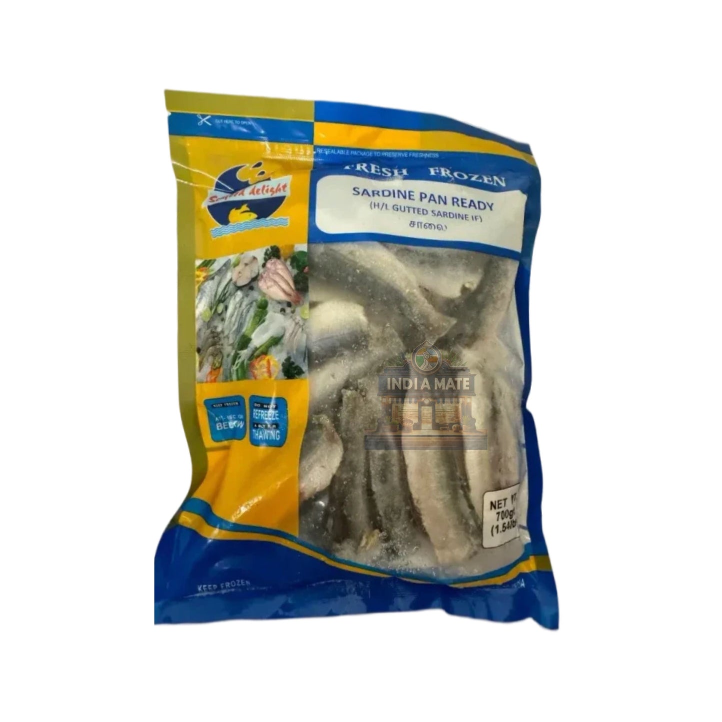 Packaged sardines in a blue and yellow India Mate branded packaging on a white background