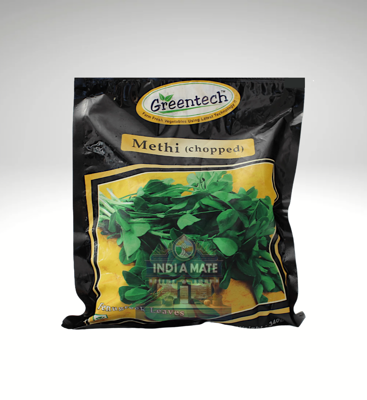 Packaged green methi leaves with Greentech branding on a white background