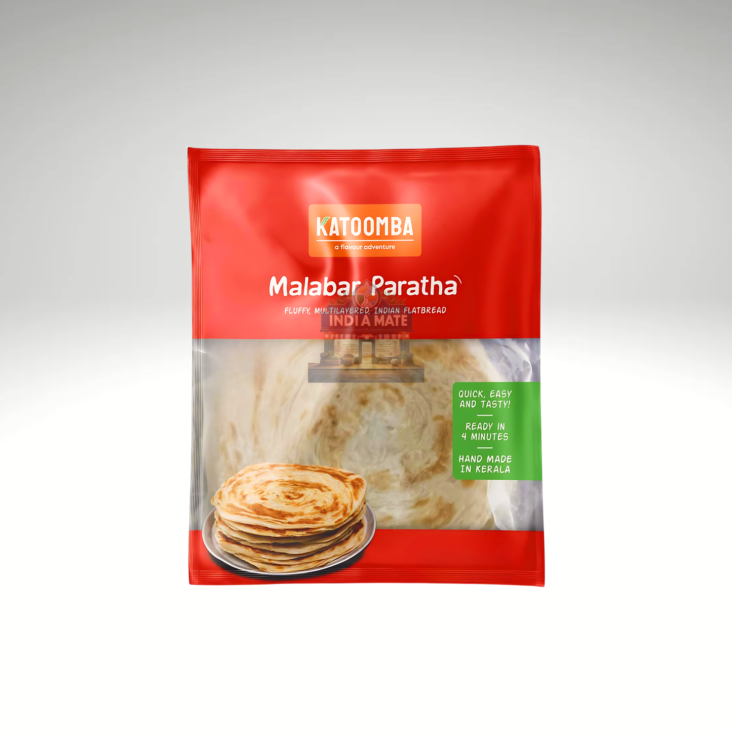 Katoomba Malabar Paratha packaging on a gray background