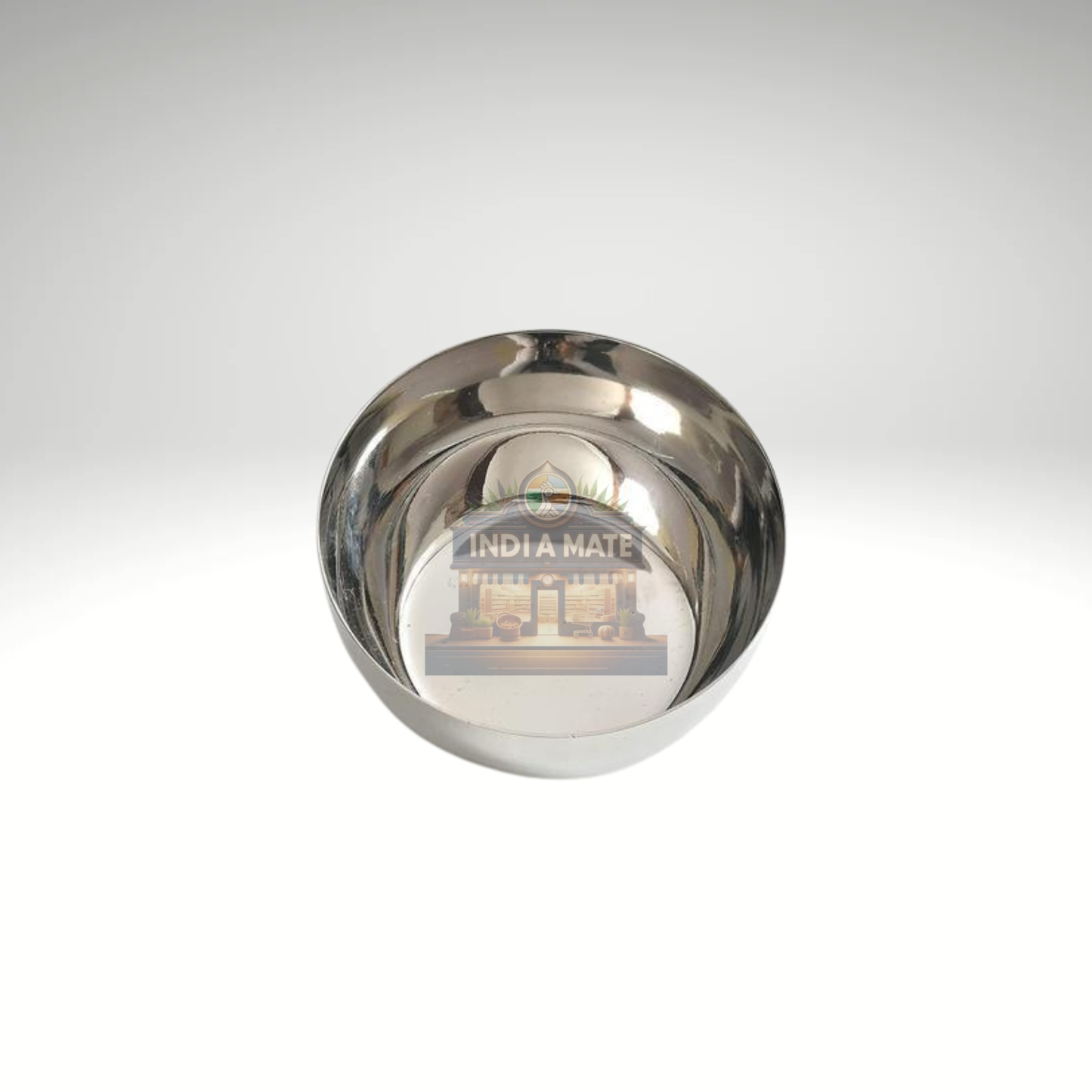 Stainless steel bowl with 'India Mate' branding on a white background