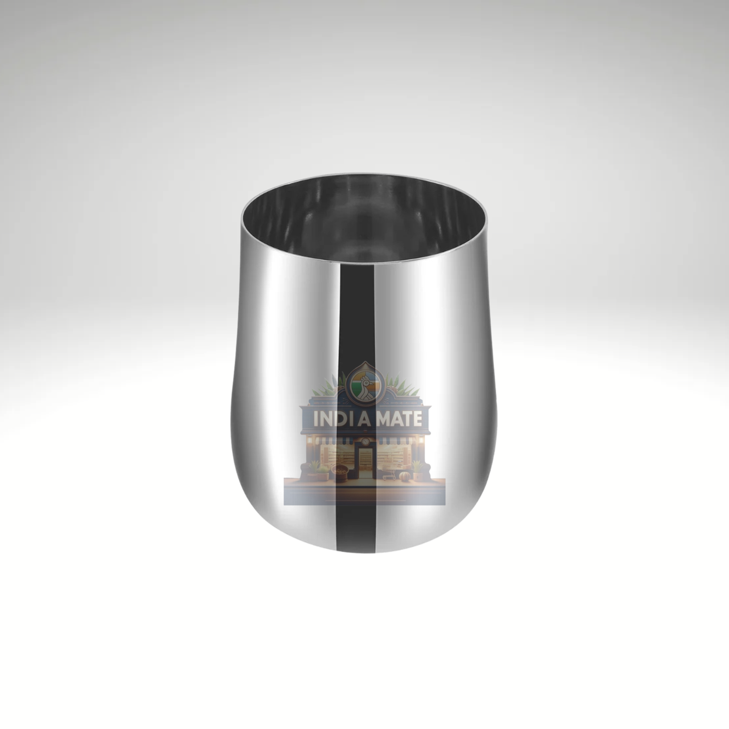 Silver metallic cup with 'India Mate' logo on a white background