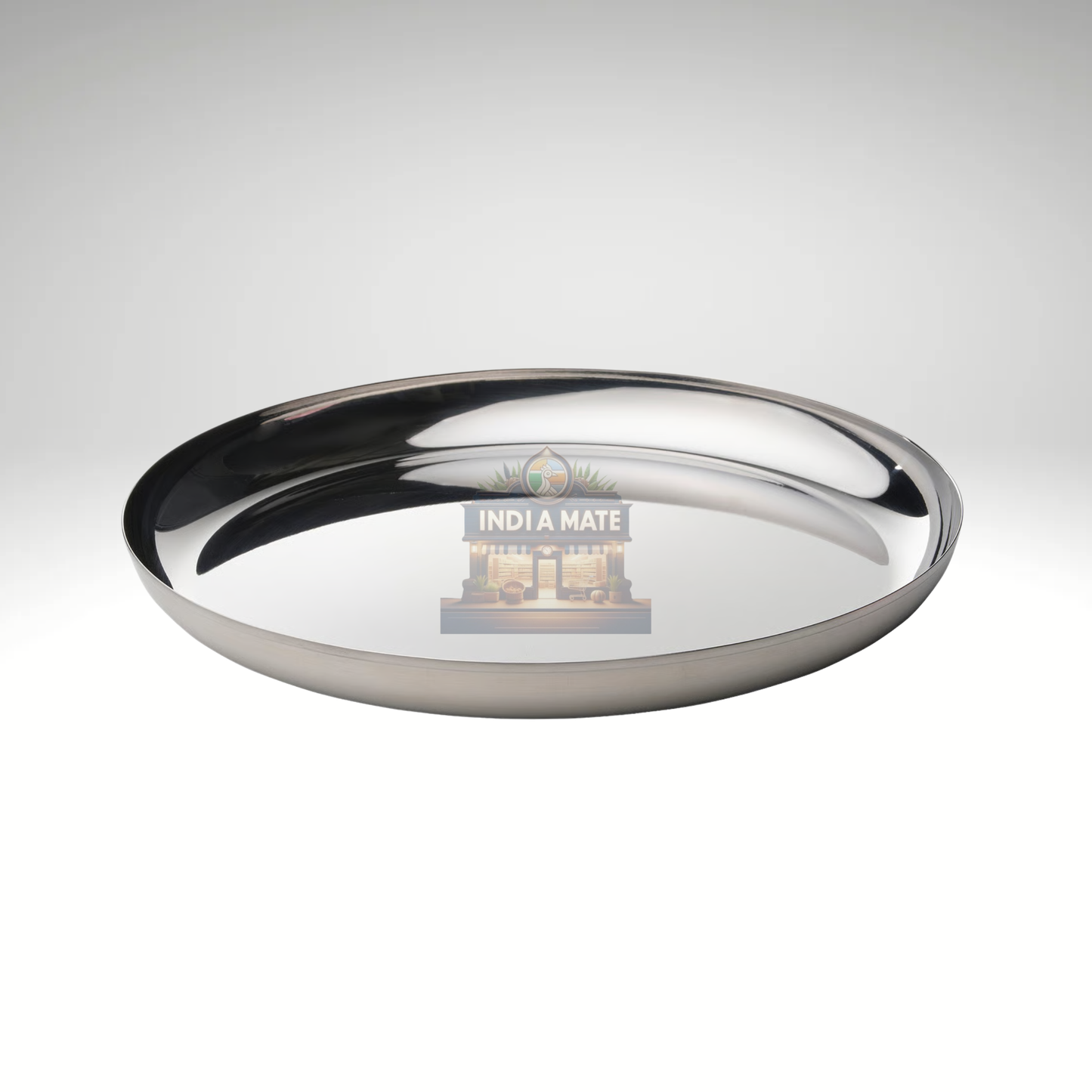 Stainless steel tray with 'India Mate' branding on a white background