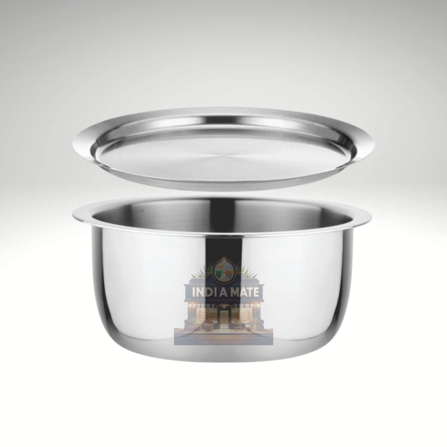 Stainless steel pot with lid on a white background, featuring the 'India Mate' brand.