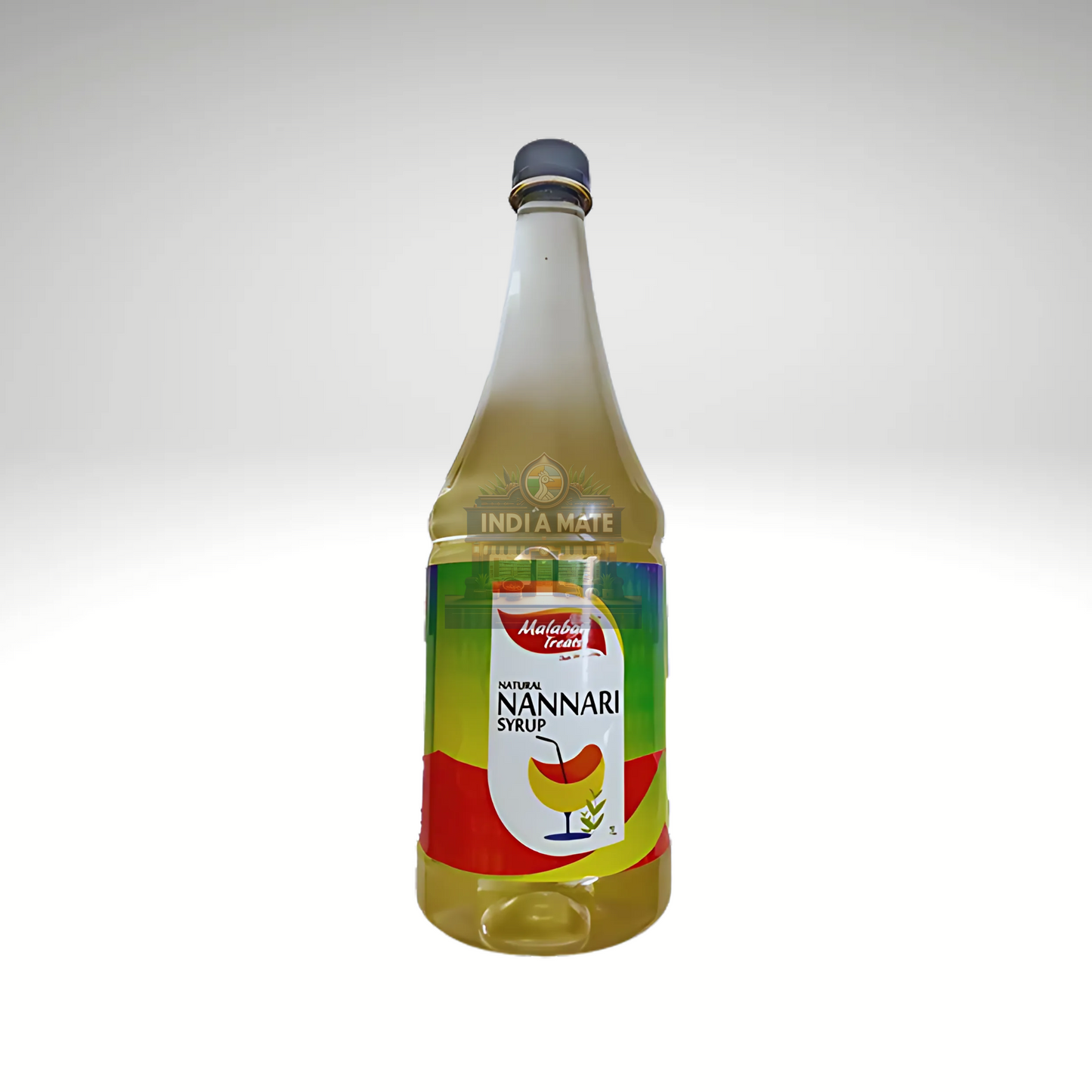 Bottle of Nannari syrup with a colorful label on a white background