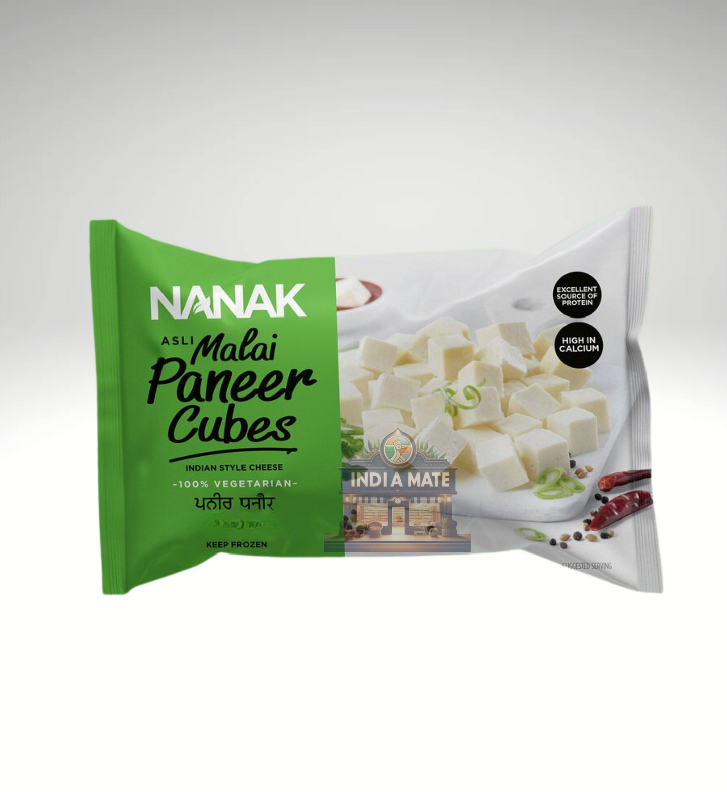 Packaging of Nanak Malai Paneer Cubes with a white background