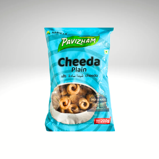 Pavizham Cheeda Plain – Crispy South Indian rice flakes snack. Lightly salted and perfect for tea-time or festive occasions.