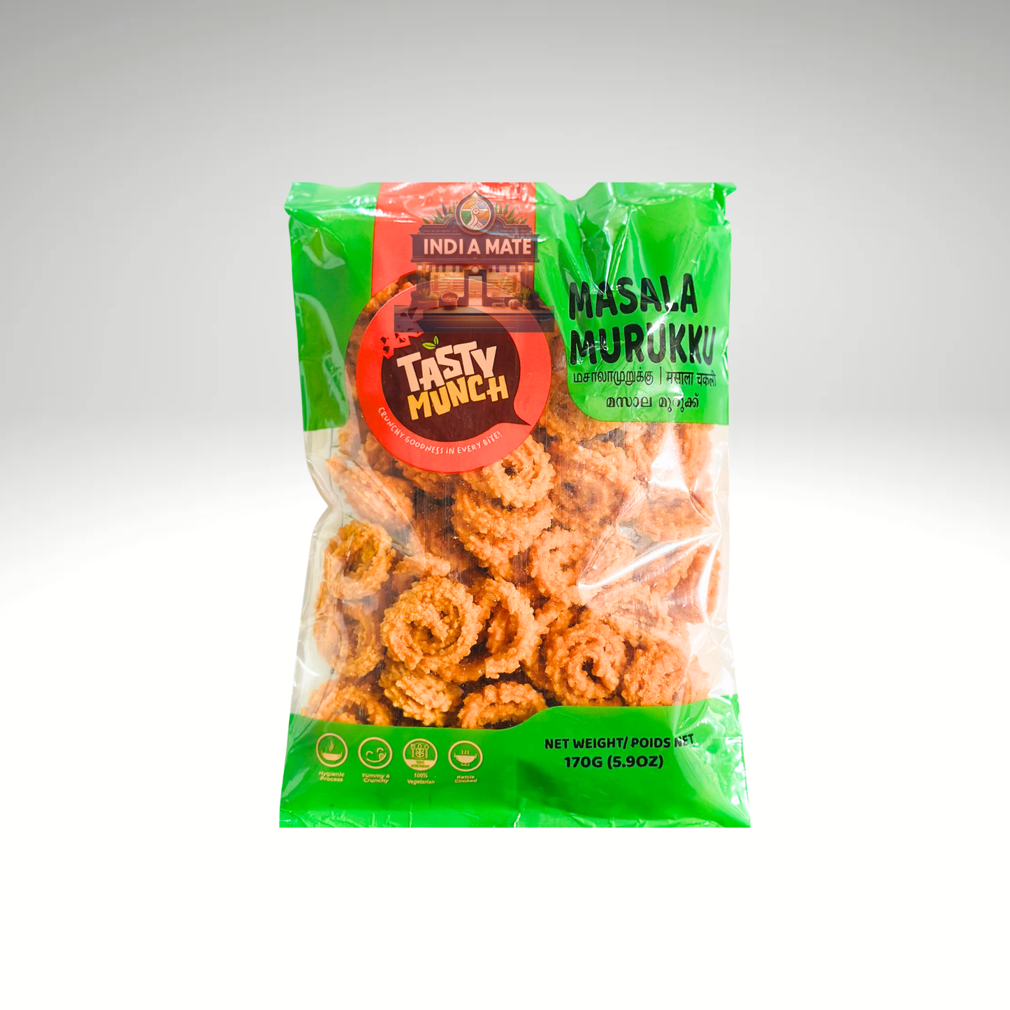 Packaged snack with 'Tasty Munch' branding on a white background