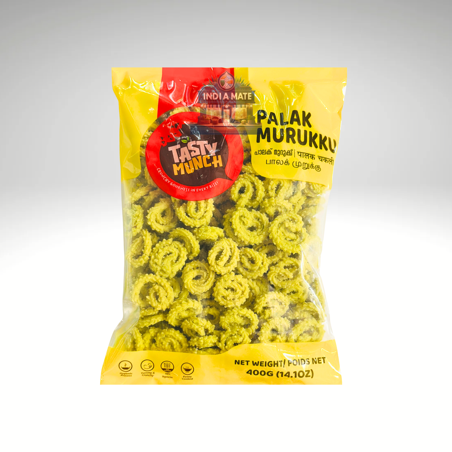 Packaged snack with 'Tasty Munch' branding on a gray background