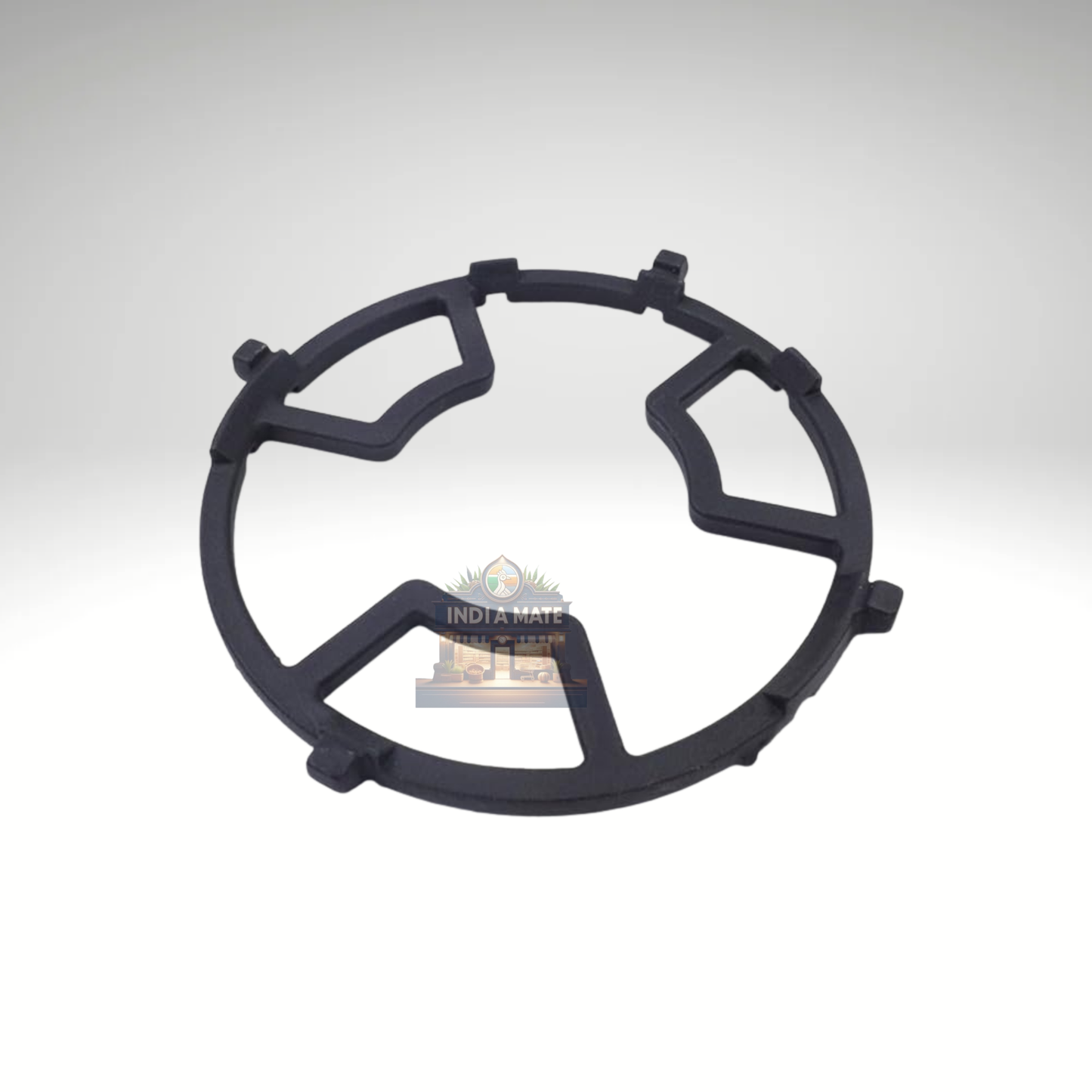 Black metal stove burner grate on a white background with 'Indika Mate' branding.