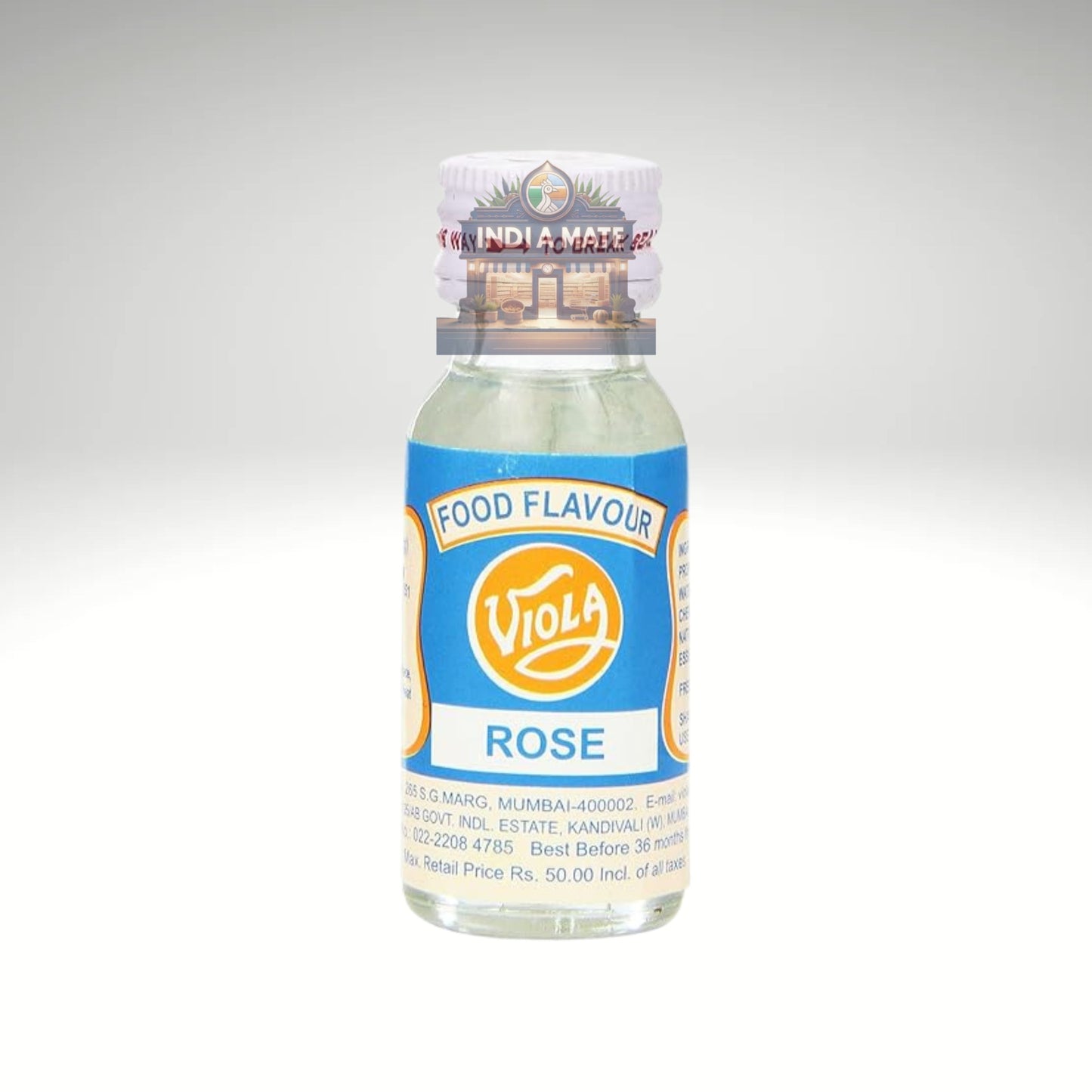 Bottle of Viola Food Flavour Rose on a white background