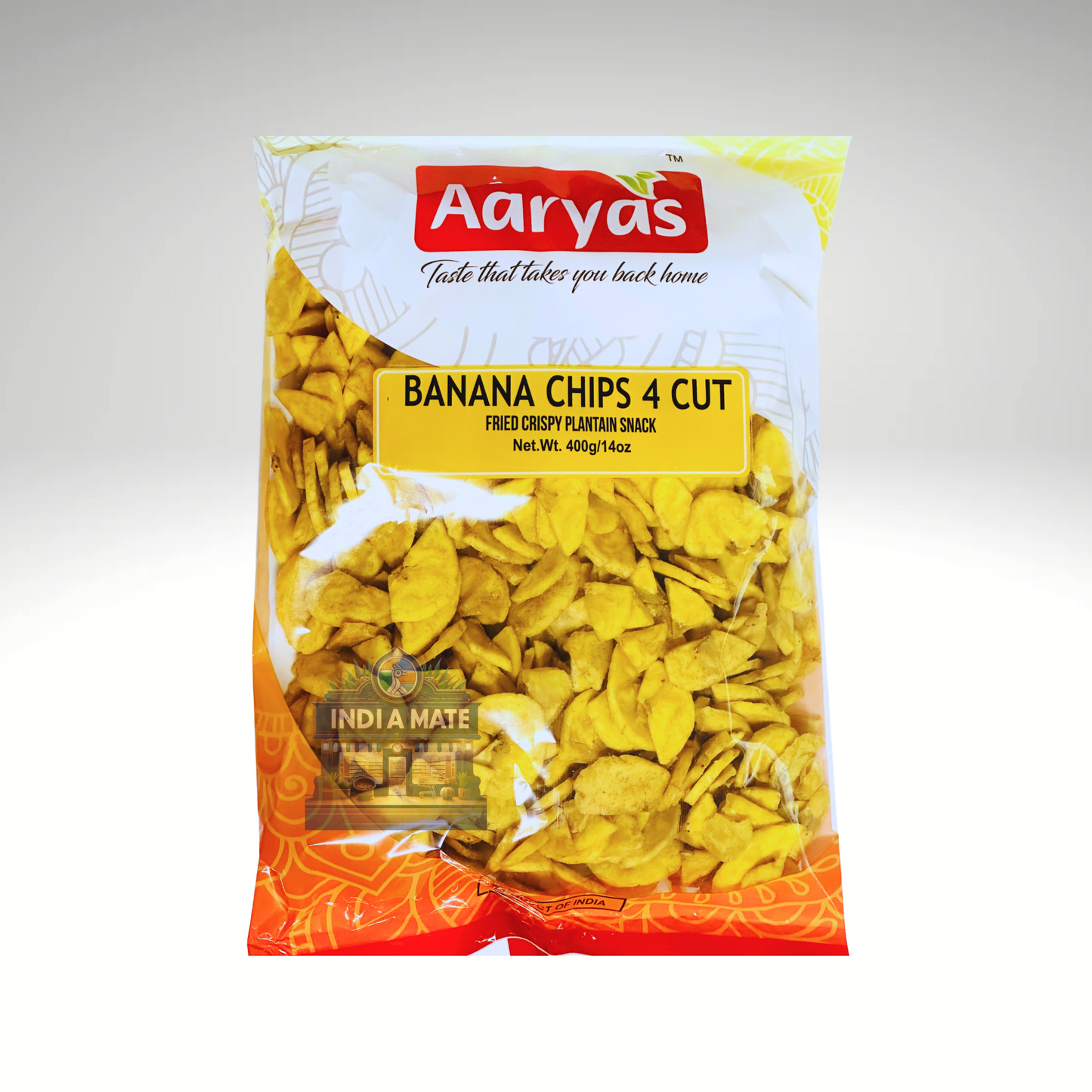 Packaged banana chips with Aaryas branding on a white background