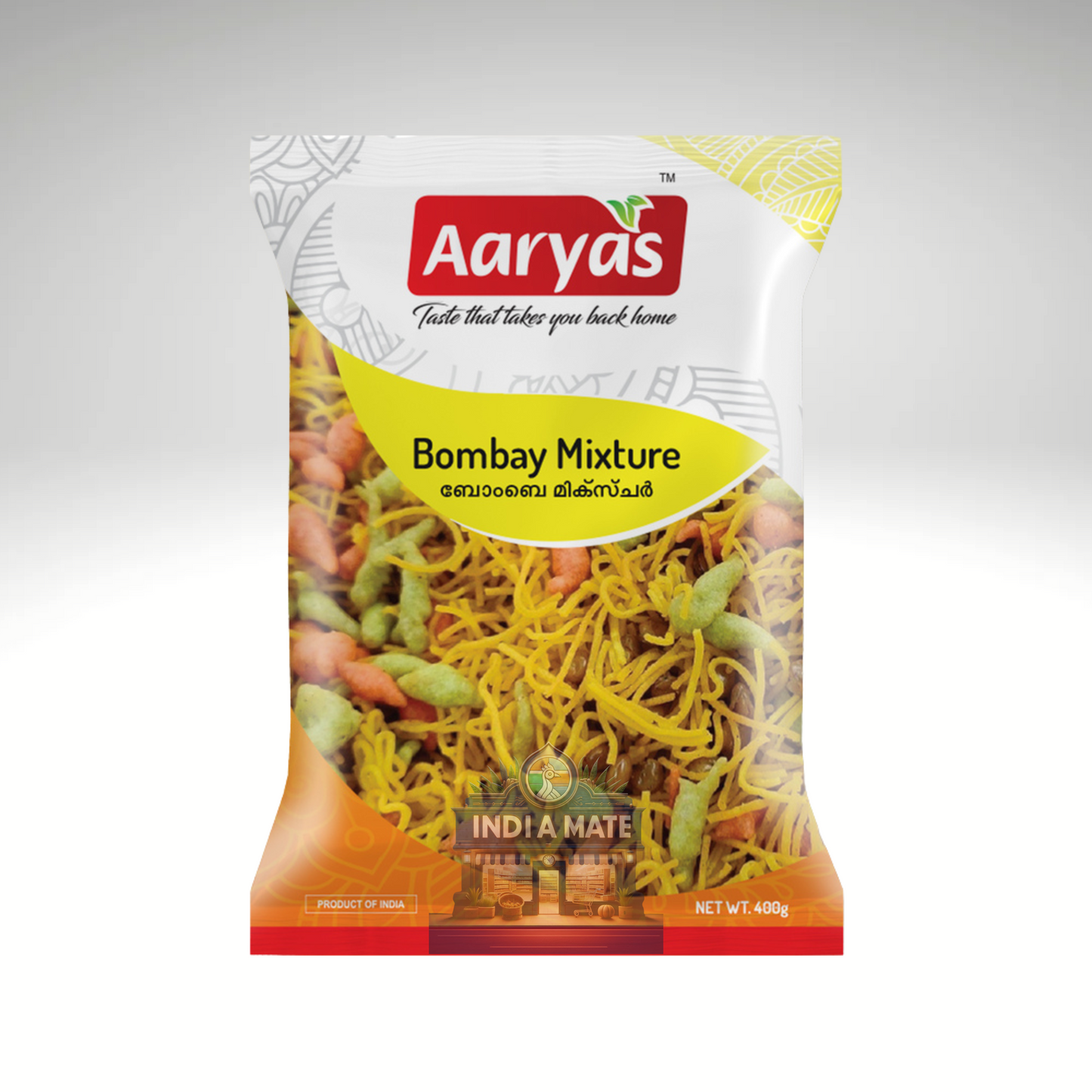 Aaryas Bombay Mixture packaging on a gray background
