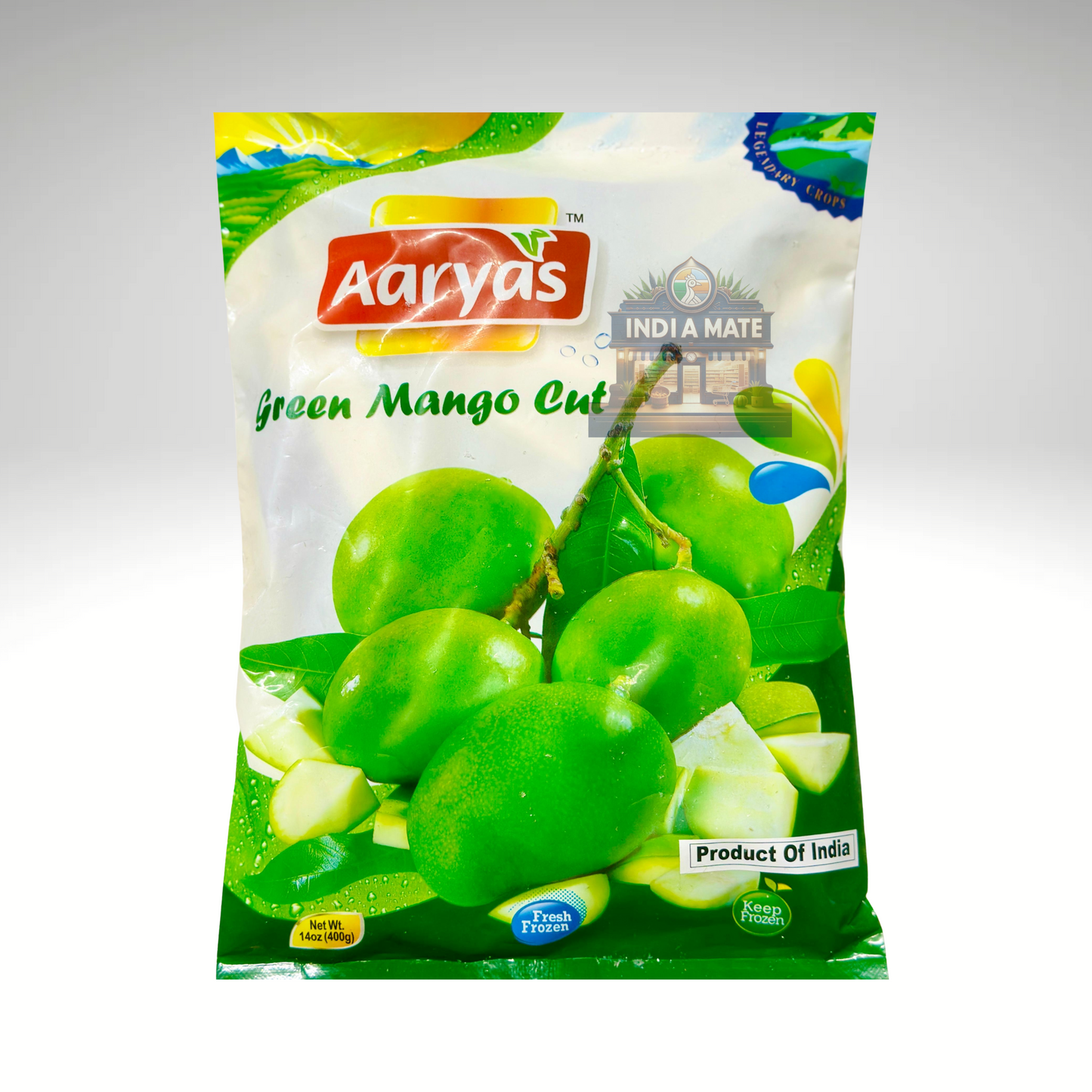 Aaryas green mango cut packaging on a white background