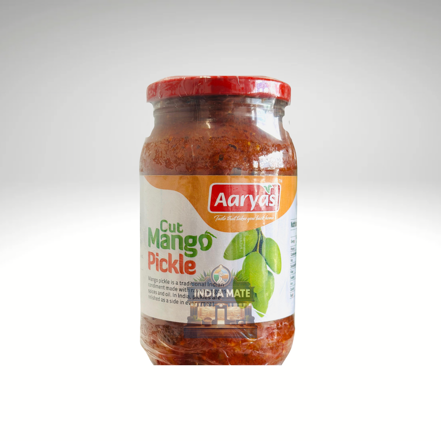 Jar of Aaryas Cut Mango Pickle on a white background