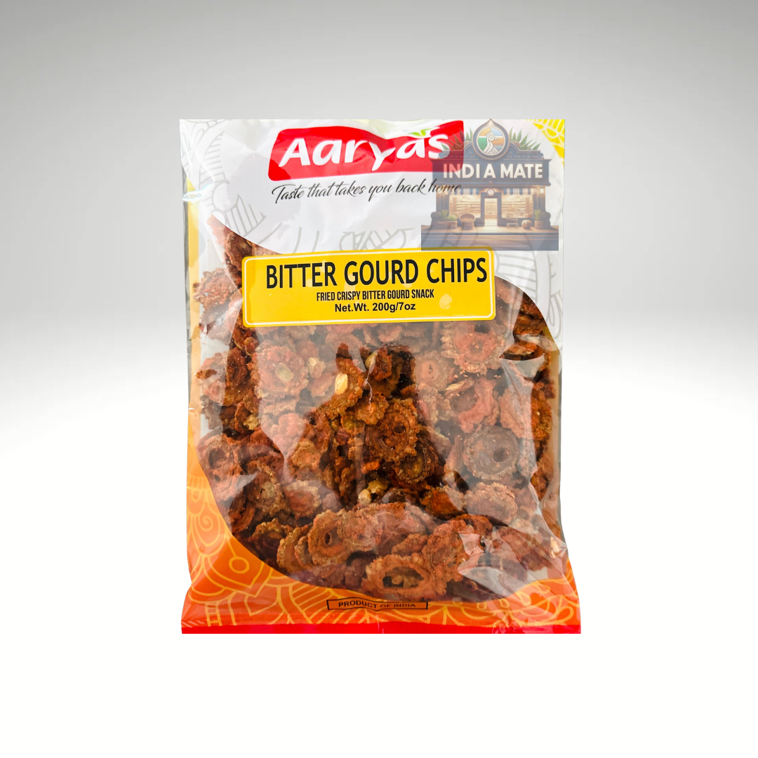 Packaged bitter gourd chips with Aaryas branding on a gray background