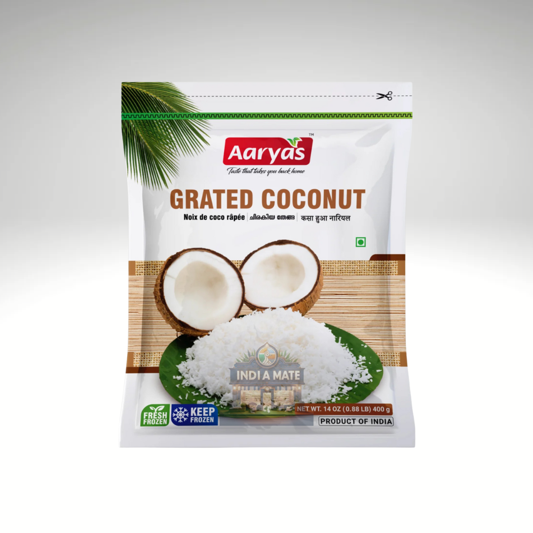 Aaryas grated coconut packaging on a white background