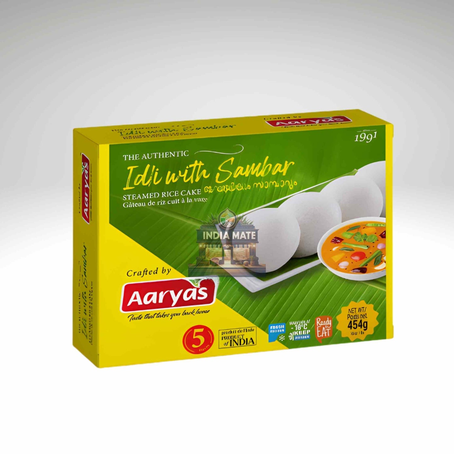 Aaryas Idli with Sambar packaging on a white background