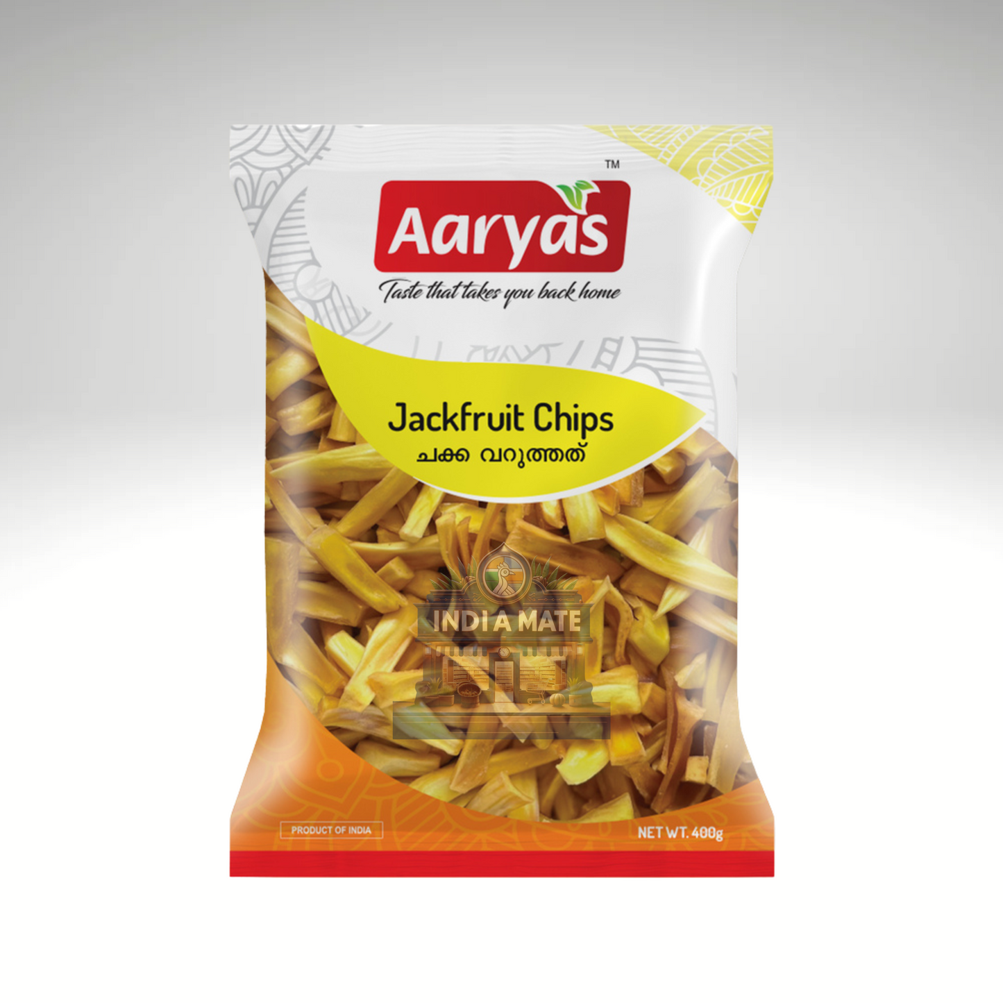 Pack of Aaryas Jackfruit Chips on a white background