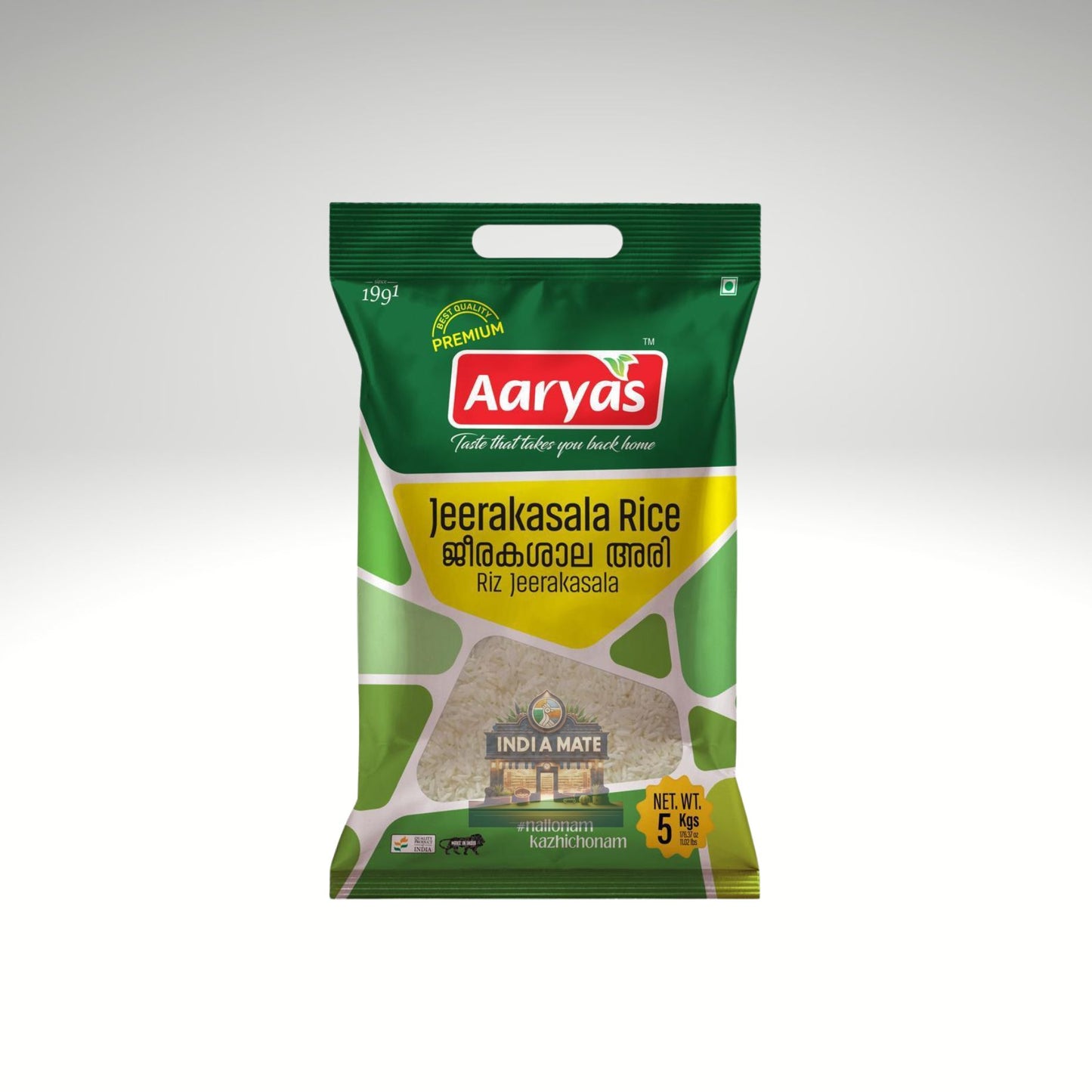 Aaryas Jeerakasala Rice packaging on a white background.