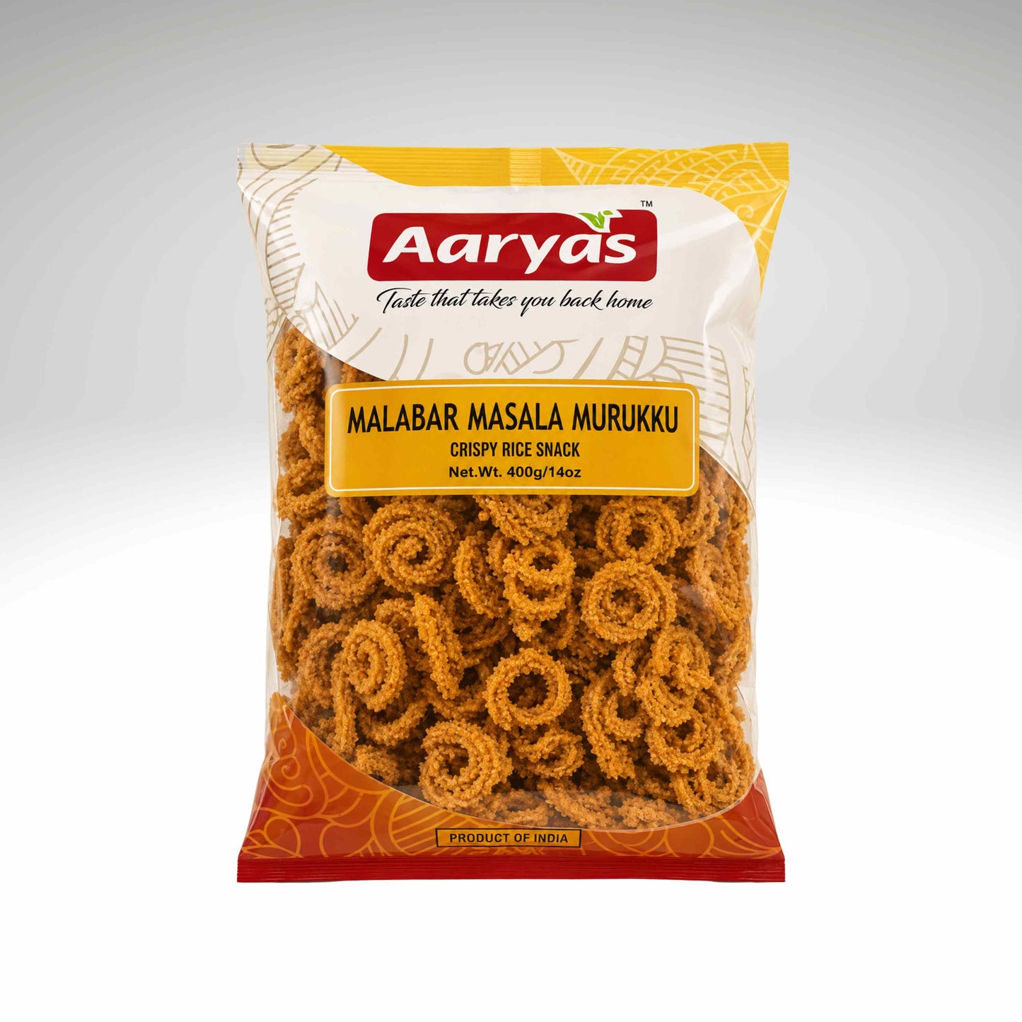 A bag of Aaryas Malabar Masala Murukku crispy rice snack, showing the golden-brown fried rings through a clear window in the packaging, set against a neutral gray gradient background.