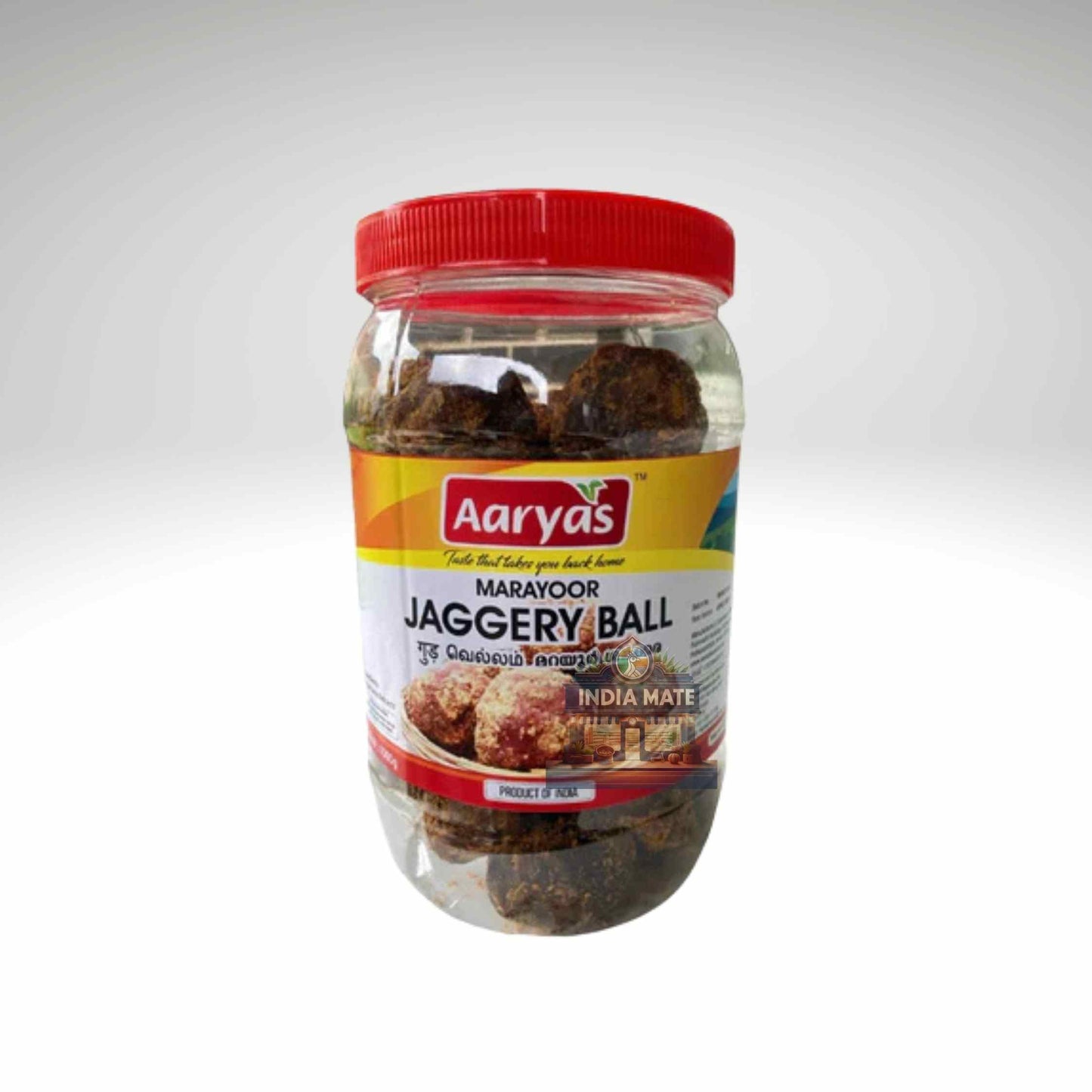 Jar of Aaryas Jaggery Balls on a white background