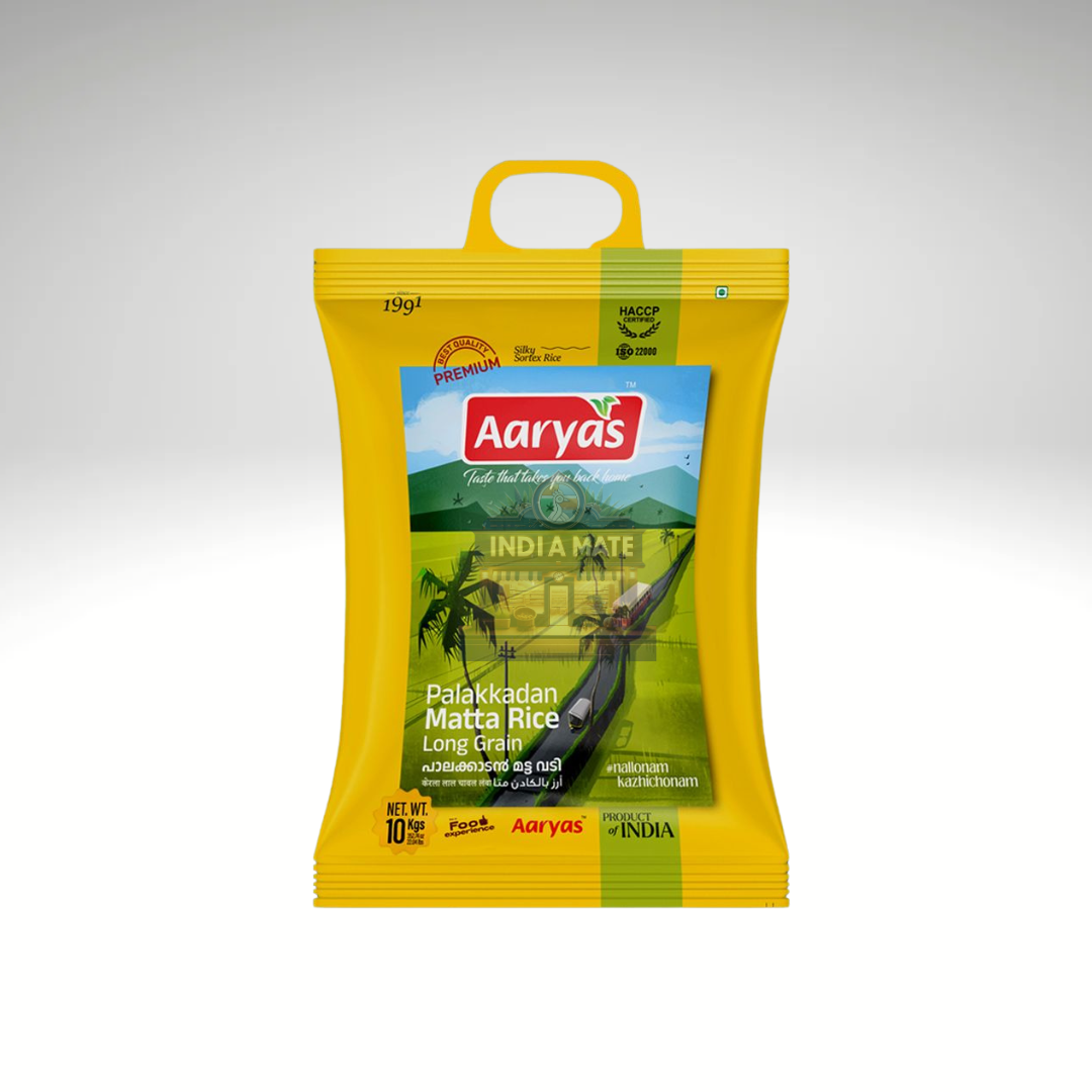 Yellow package of Aaryas Palakkadan Matta Rice on a white background