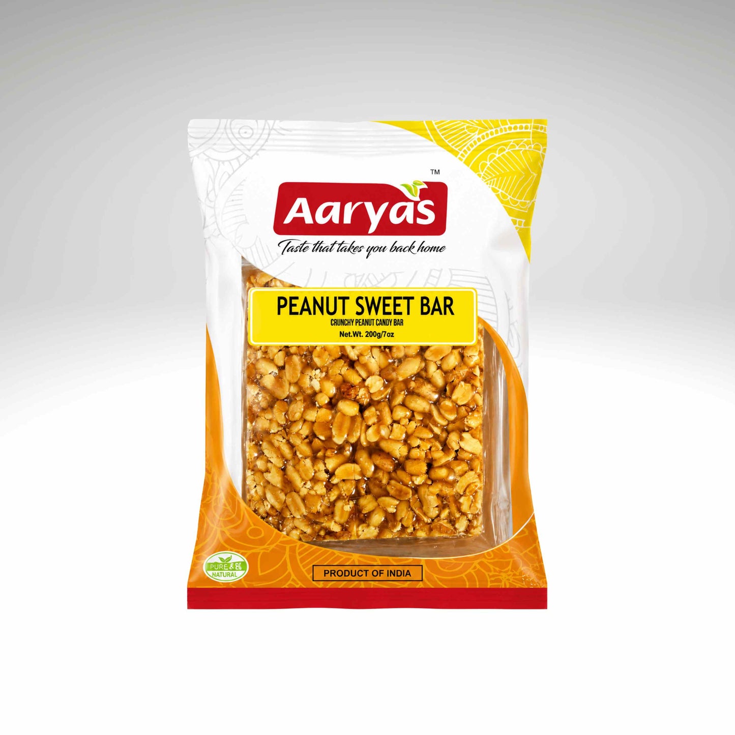 A bag of Aaryas Peanut Sweet Bar, featuring a white and orange packaging design with a clear window showing the golden-brown peanuts inside, set against a neutral gray background.