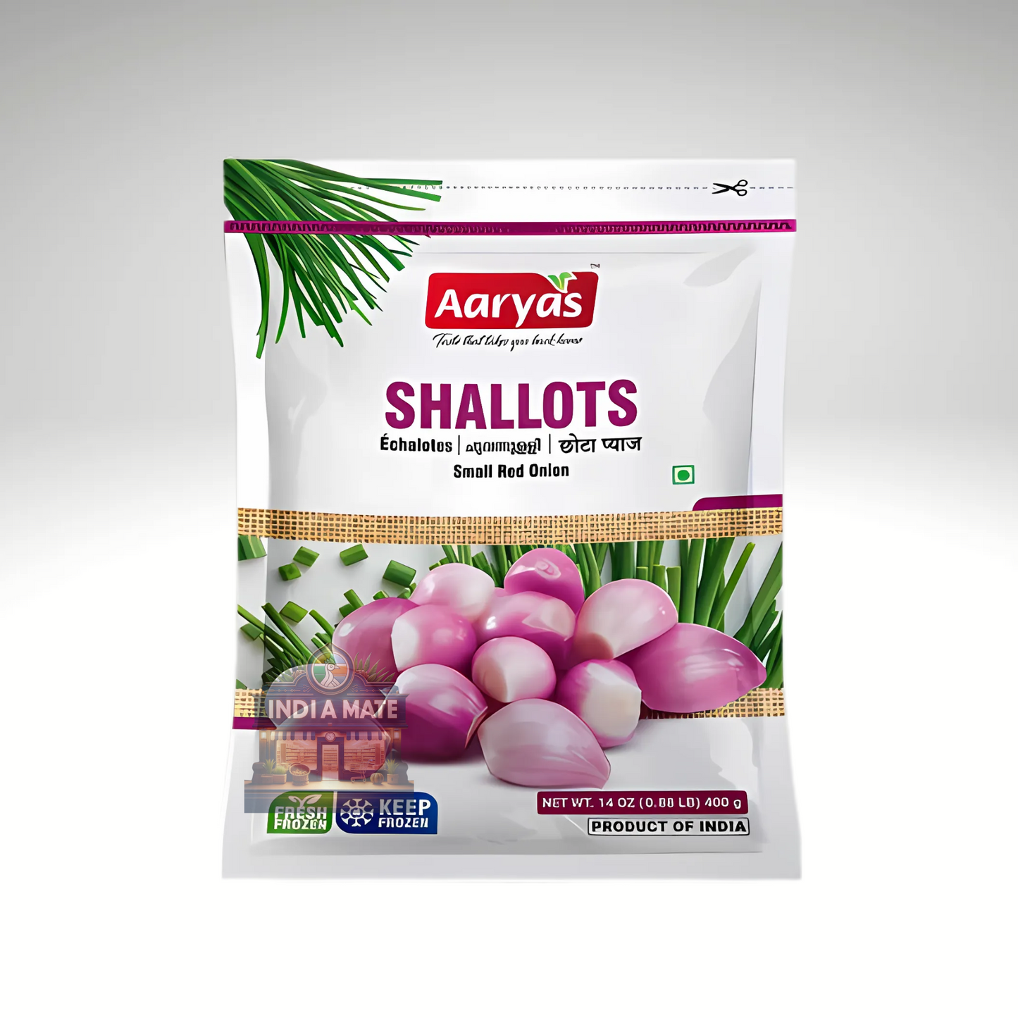 Aaryas Shallots packaging on a white background