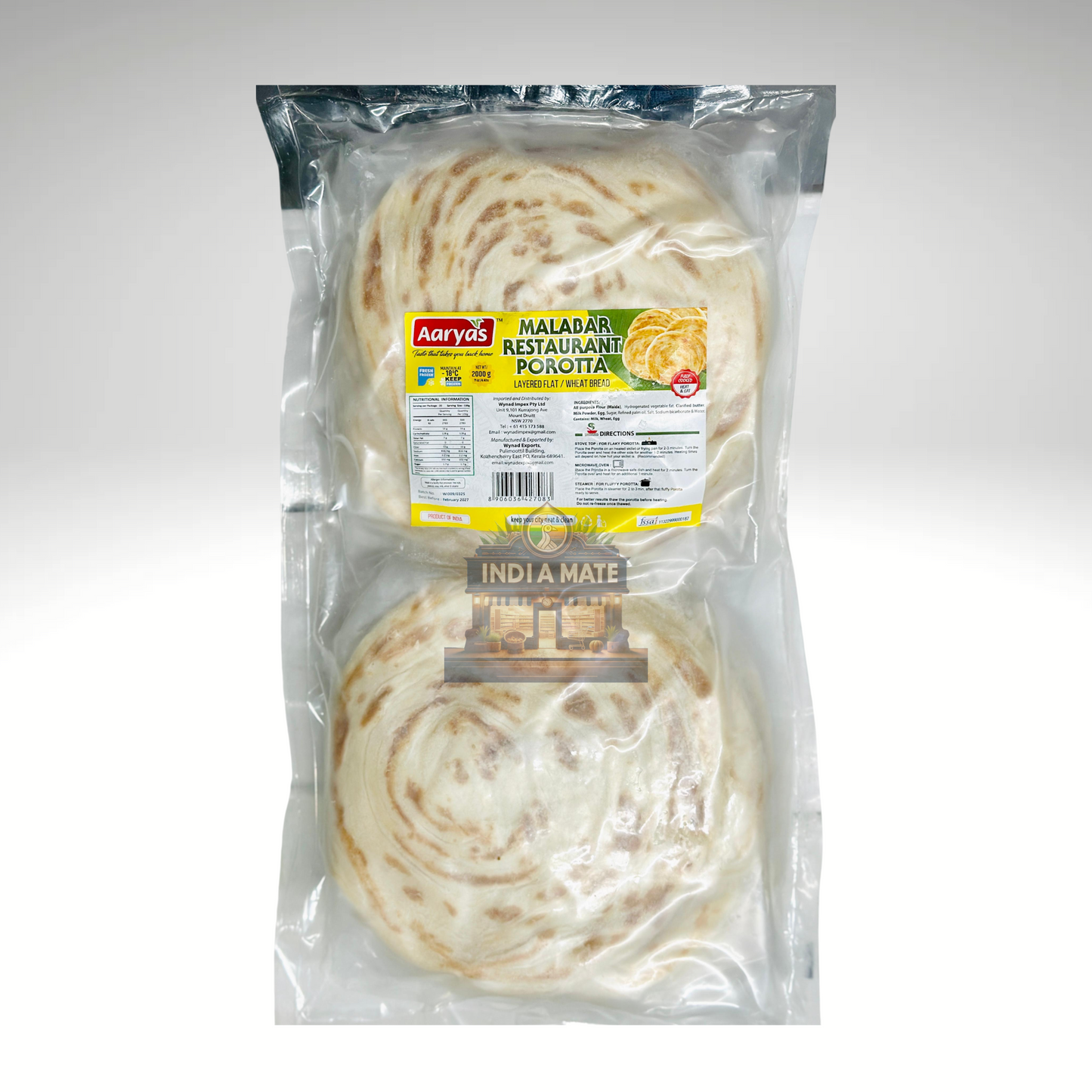 Packaged roti with Aaryans branding on a white background