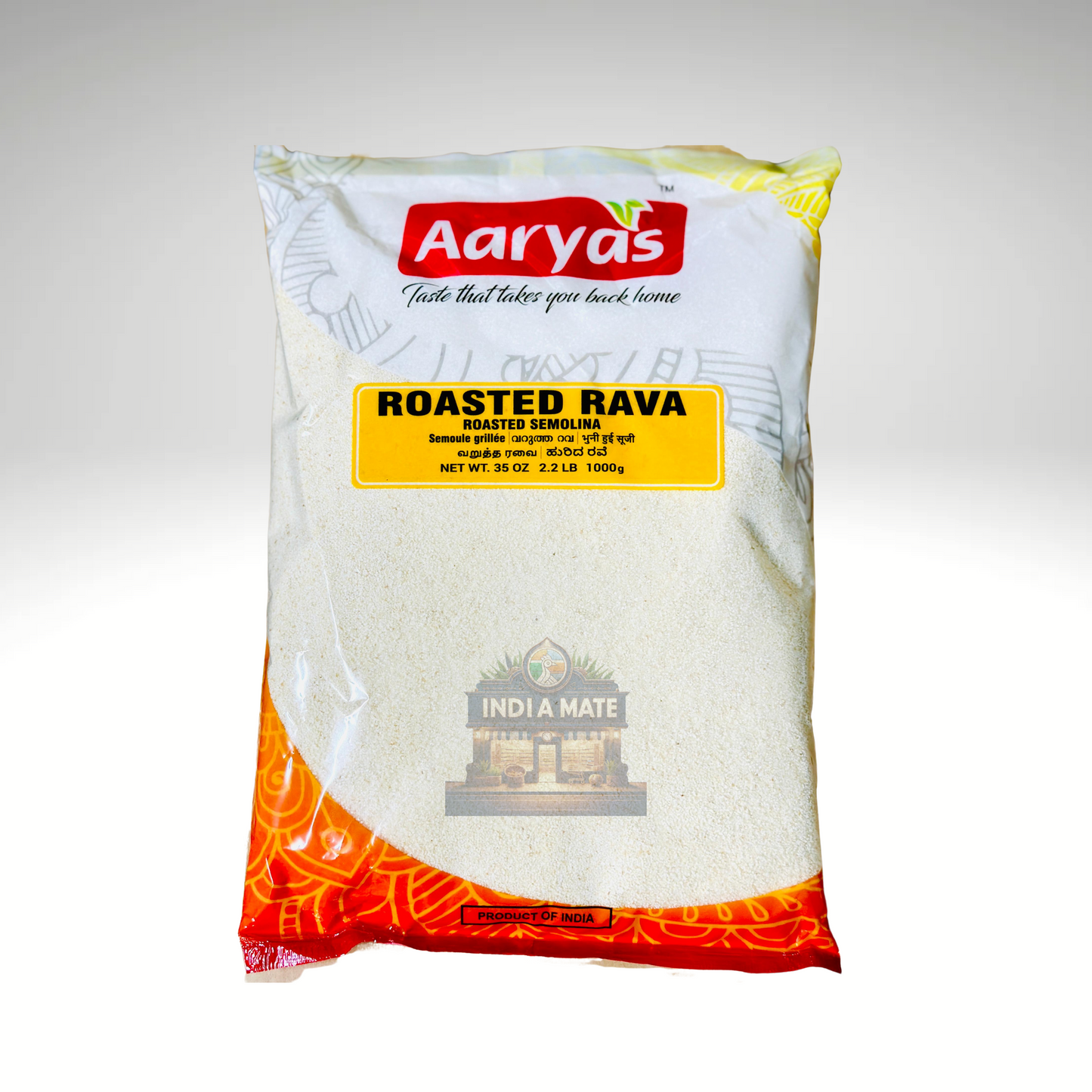 Aaryas Roasted Rava package on a white background