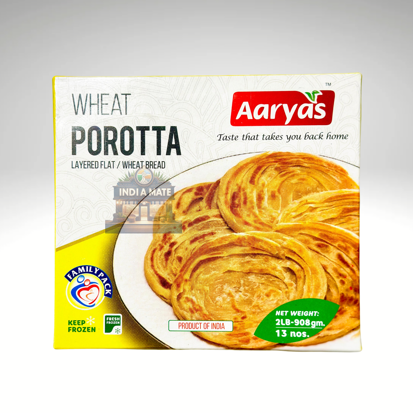 Aaryas Wheat Porotta packaging with a plate of porotta on a white background