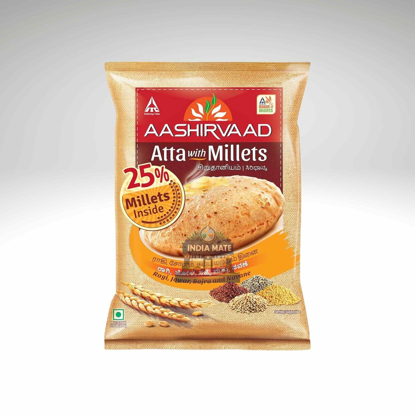 Aashirvaad Atta with Millets packaging on a white background.