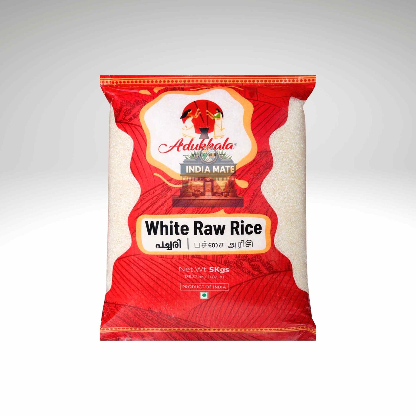 Red package of Adhukala White Raw Rice on a white background.