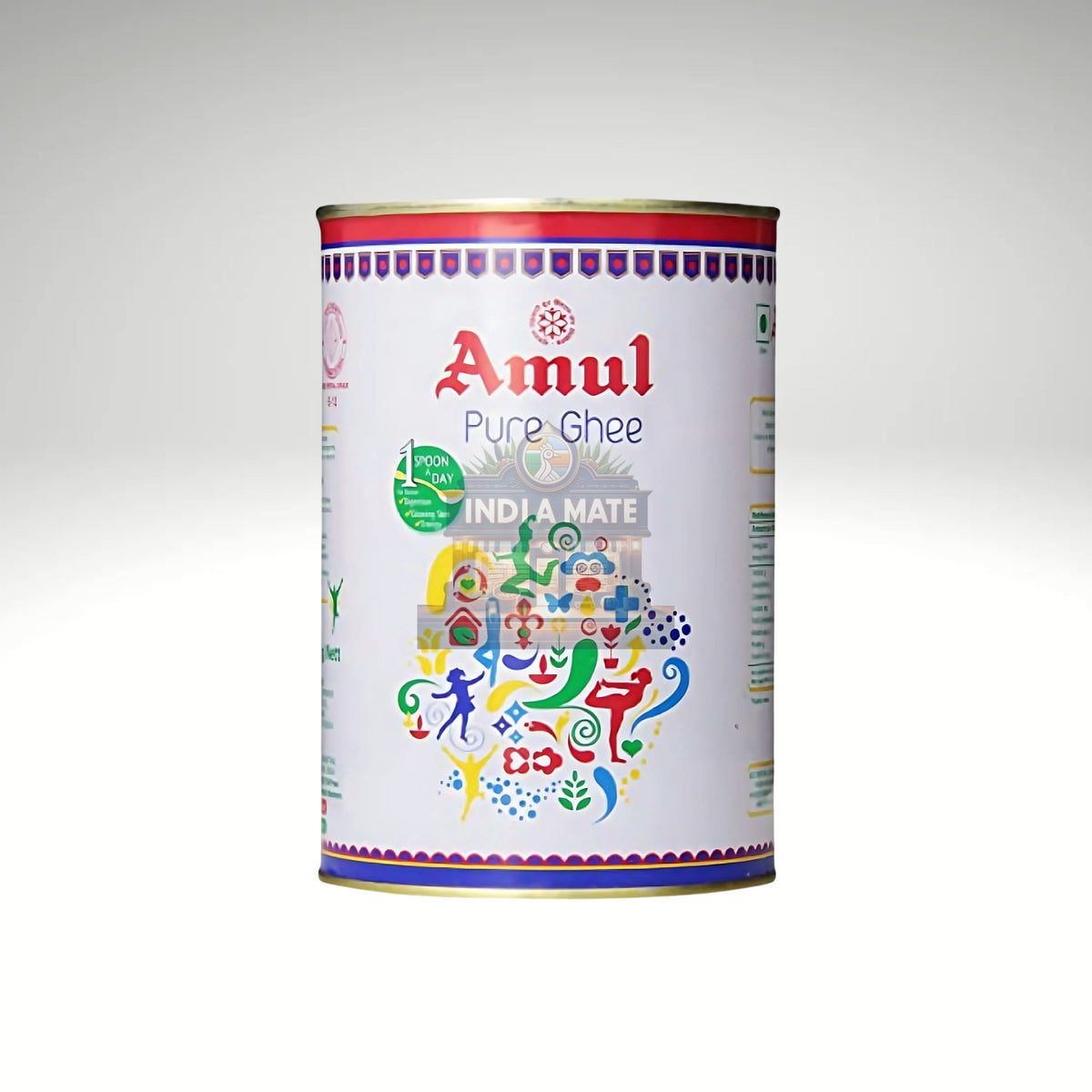 Amul Pure Ghee container with colorful design on a white background