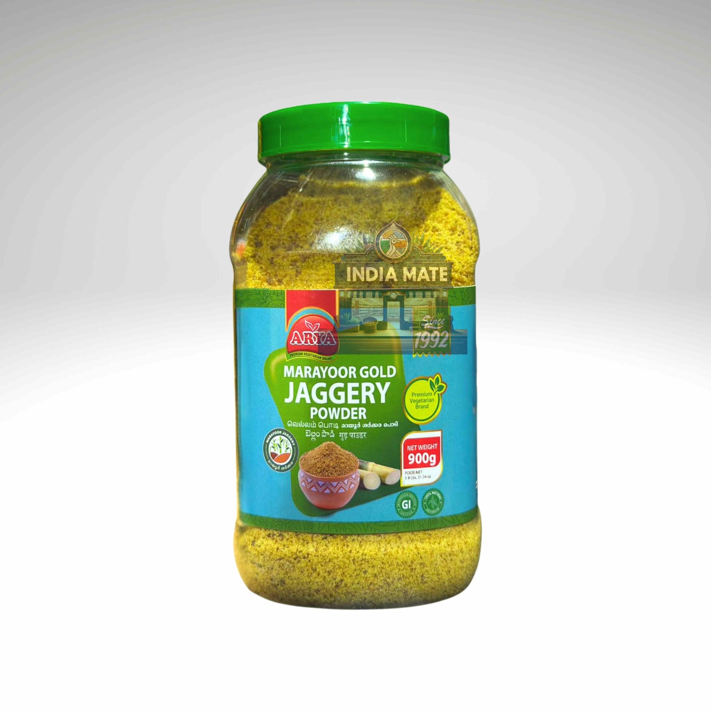 Jar of Marayoor Gold Jaggery Powder with a green lid on a white background