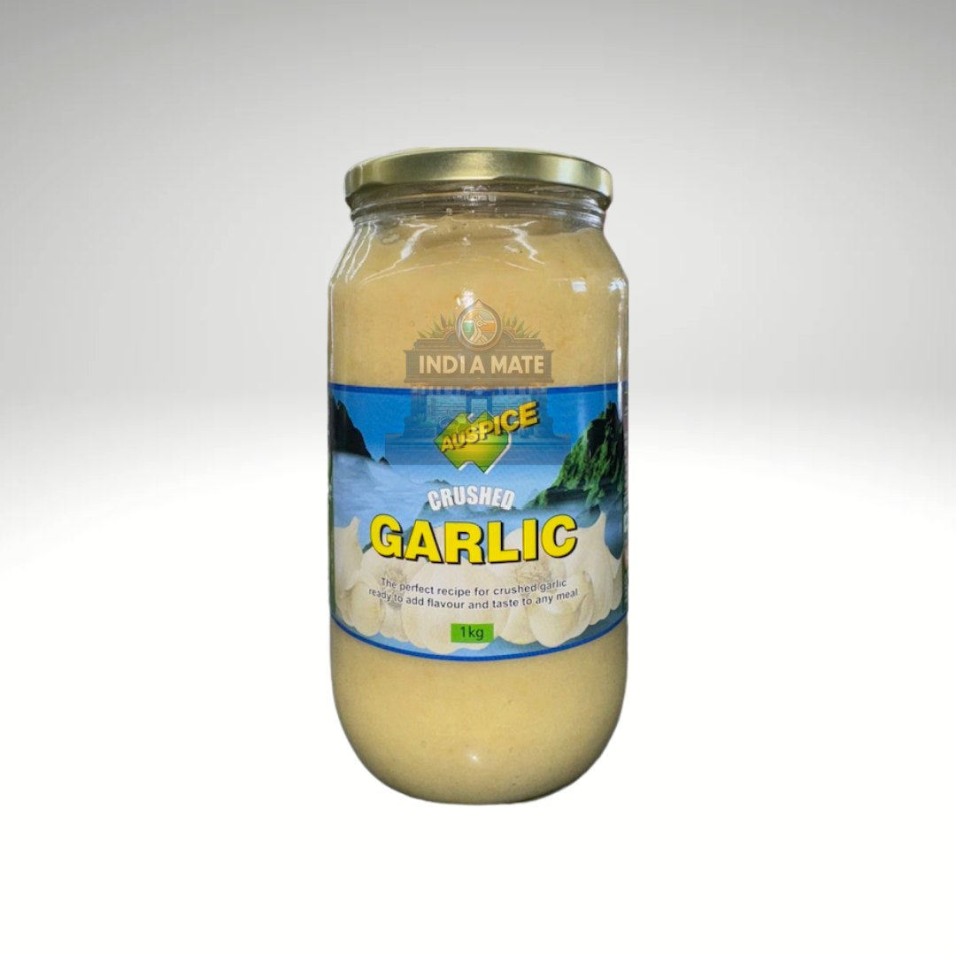 Jar of 'Crushed Garlic' by India Mate on a white background