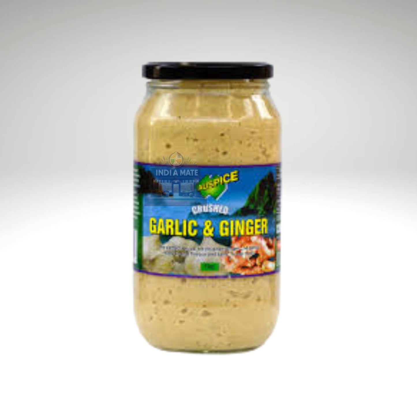 Jar of crushed garlic and ginger with a visible label on a white background