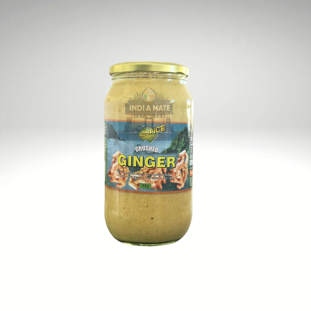 Jar of crushed ginger with a visible label on a white background