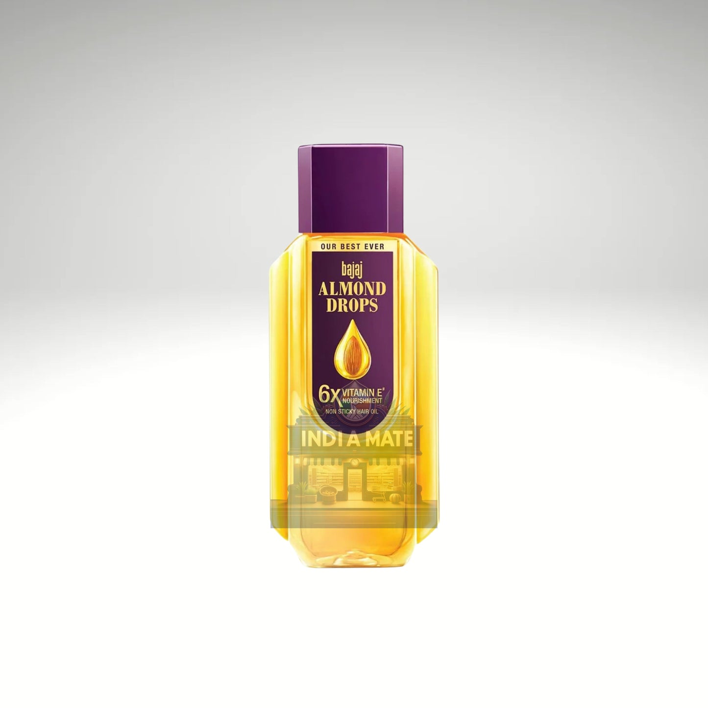 Bottle of Bajaj Almond Drops on a light gray background
