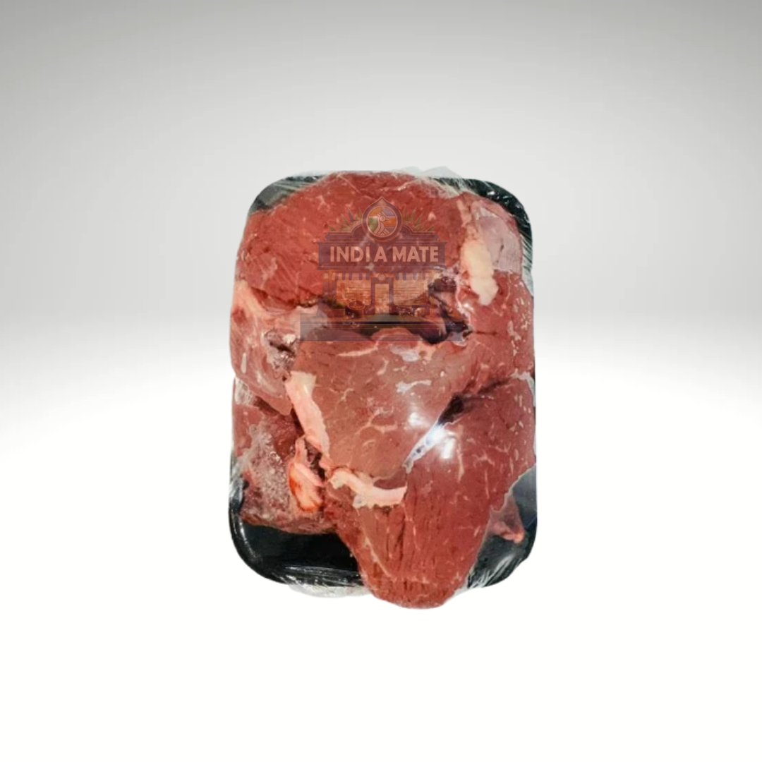 Packaged raw meat with 'India Mate' branding on a white background