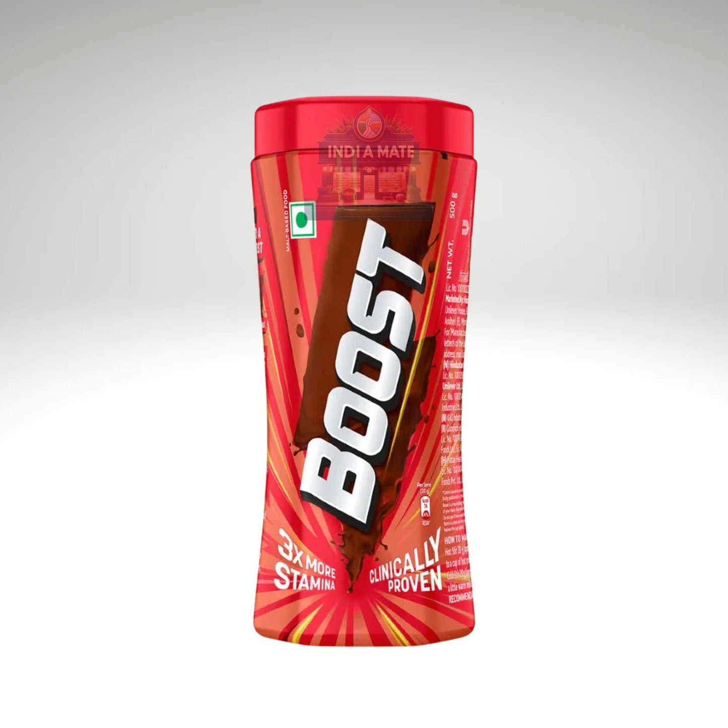 Boost energy drink container with red and white design on a gray background