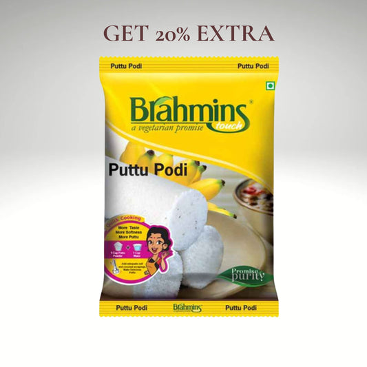 Packet of Brahmins Puttu Podi with 20% extra, premium rice flour mix for making soft and fluffy Kerala-style puttu, perfect for authentic South Indian breakfasts.