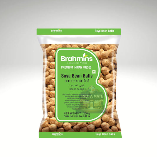 Brahmins Soya Bean Balls in convenient packaging, offering a protein-rich, tasty snack perfect for healthy meals or traditional South Indian recipes.