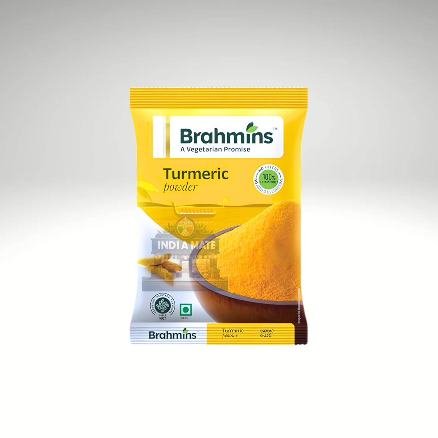 Brahmins Turmeric powder packaging on a white background