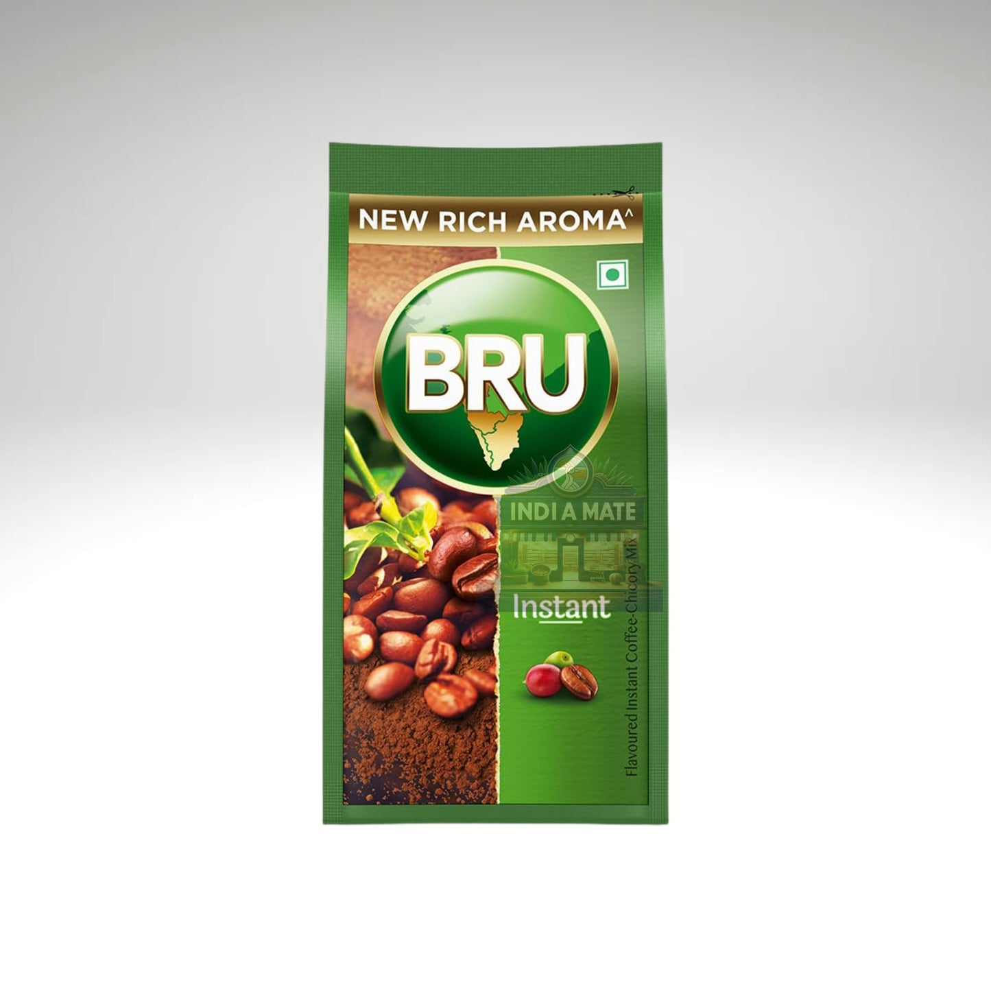 BRU instant coffee package with green and brown design on a white background