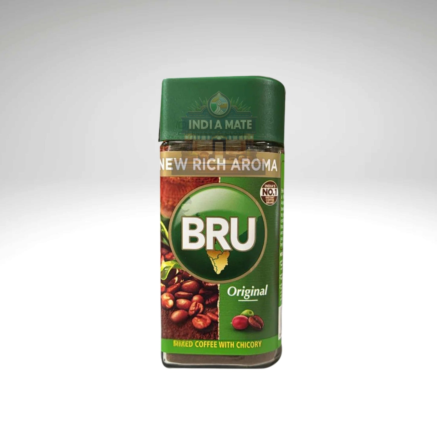 BRU coffee packaging with green label on a white background
