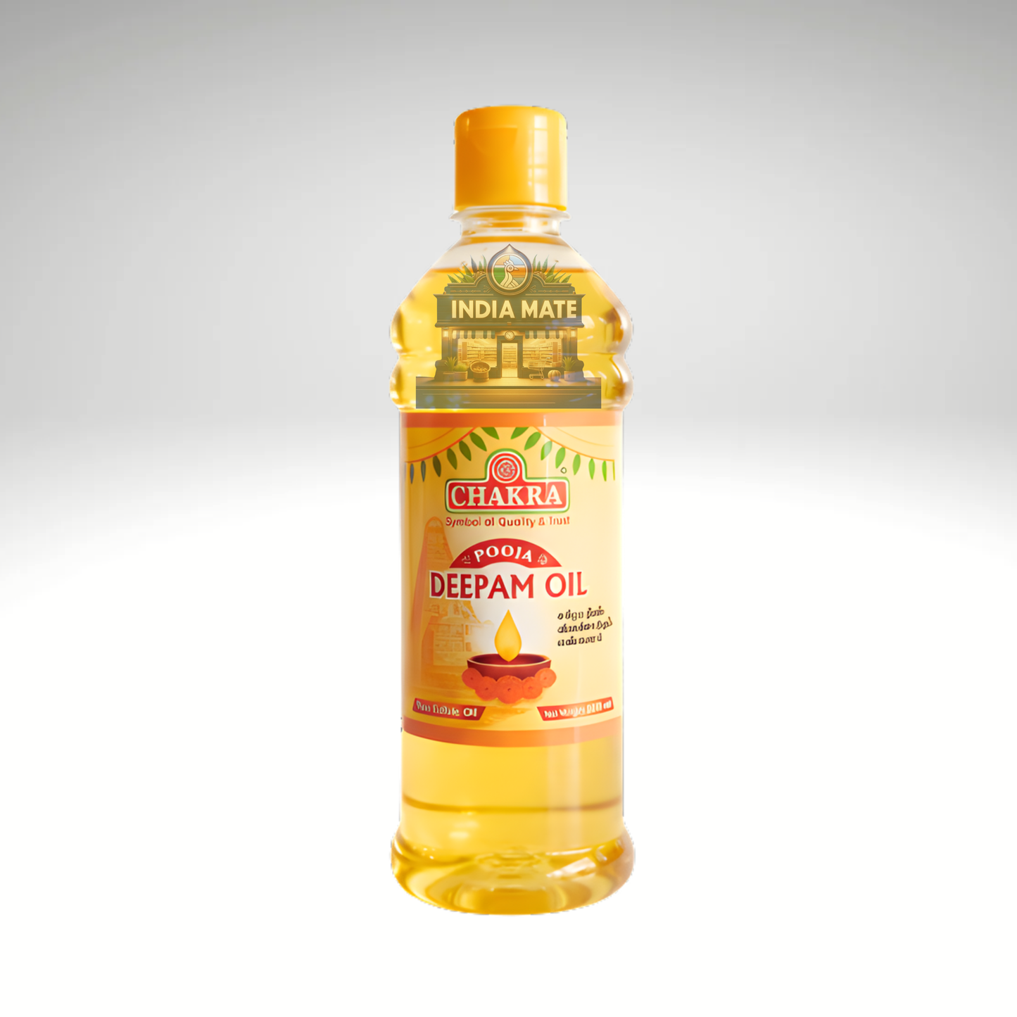 Bottle of Chakra Deepam Oil with a yellow cap on a white background