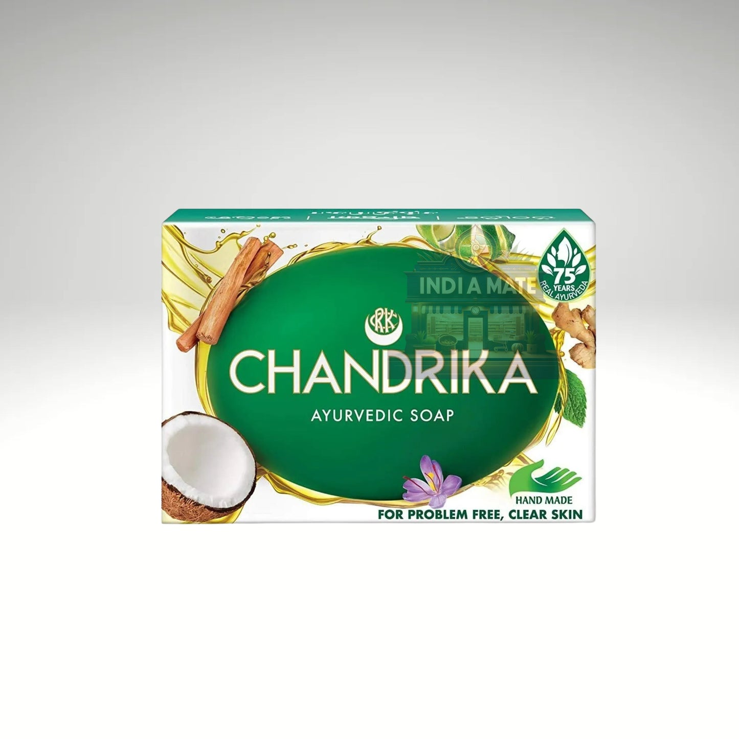 Chandrika Ayurvedic Soap packaging on a white background